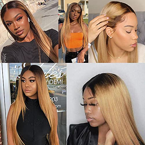 Blonde Bundles Human Hair Ombre Straight Bundle Niegmeag Brazilian Virgin Remy Hair 3 Bundles 18 20 22 Inch 2 Tone Black and Honey Blonde Straight Bundle Double Weft Hair Weave 300g