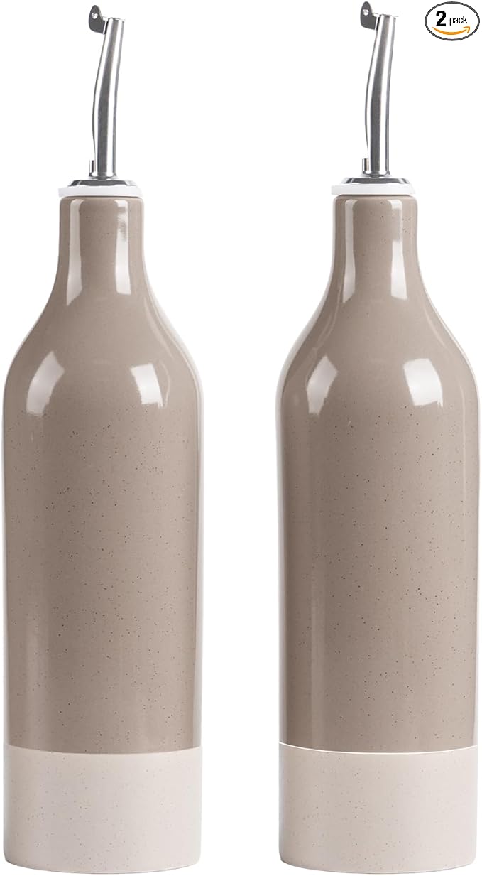 famiware Milkyway 16oz Ceramic Olive Oil Dispenser Bottle, Olive Oil and Vinegar Dispenser Bottle Set of 2 with Stainless Steel Pourers, Suitable for Storage Vinegar, Liquids, Cinnamon Brown