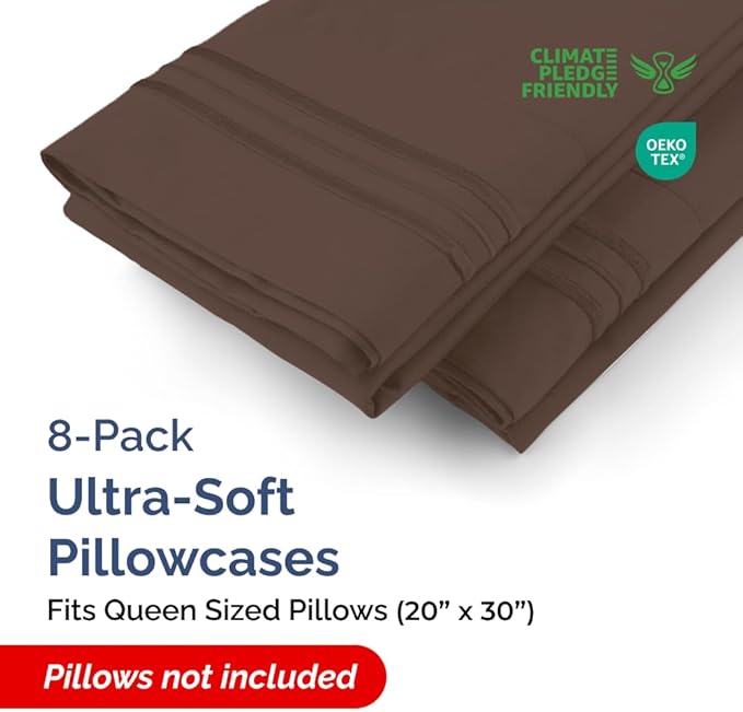 Queen Pillow Cases Set of 8 - Ultra Soft Hotel Quality Pillowcase Covers - Comfy & Wrinkle Free - Shrink, Stain and Fade Resistant - Easy-Care, Machine Washable Pillow Protectors - 8 Pcs Set - Brown