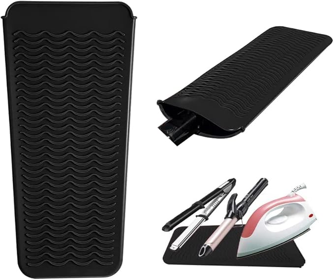 Heat Resistant Silicone Mat and Glove Set for Hair Straighteners and Flat Irons - 11" x 6" Mat, 8.7" x 5.2" Bump Glove, Black