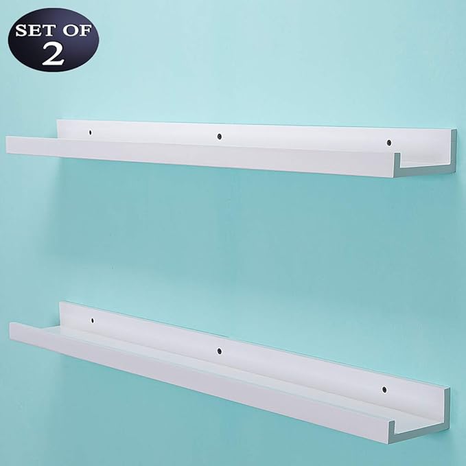 AZSKY 48 Inch White Picture Ledge Shelf Long Floating Shelves Set of 2 Wall Picture Shelf Pine Photo Frames Narrow Picture Ledge Mounting Hardware Included