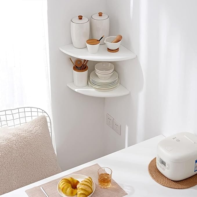 Corner Shelves, Floating Corner Shelf, Set of 2 Solid Oak Wood Wall Shelves, Round End Wall Mount with Wire Hole Shelving for Small Plant for Bedroom Kitchen, Living Room (White, 7.1in 2P)