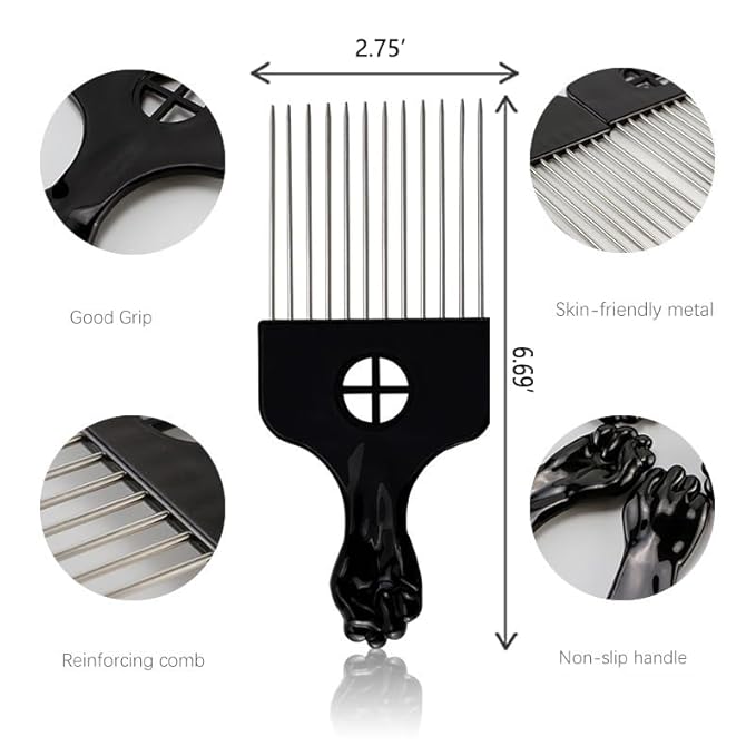 Black Metal Afro Pick Combs for Curly Hair - Detangle & Style Comb for Women and Men, Durable Plastic & Metal, Fist Design for Hair Styling, Perfect for Wigs (2 Pack Hair Comb, Count, 2)