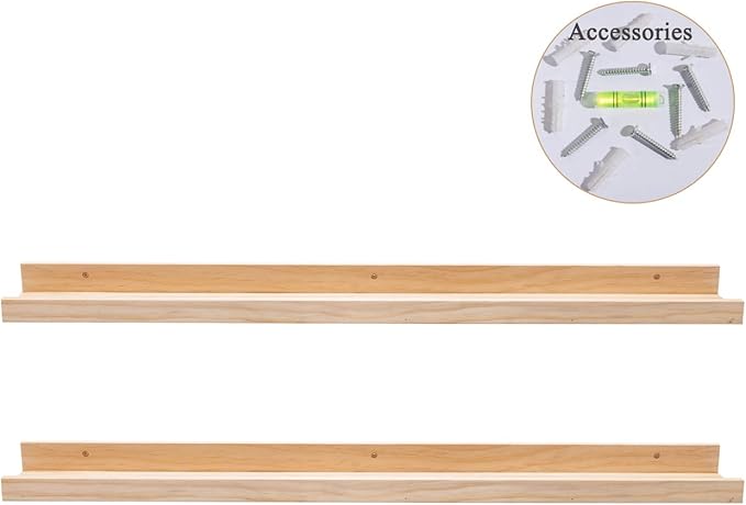 AZSKY Picture Ledge Long Floating Wall Shelf 48 Inch Photo Ledge Display Floating Shelves Wall Mounted Shelves Home Decor Nursery Bookshelf Natural Wood Set of 2