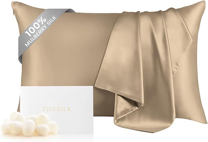 THXSILK 100% Mulberry Silk Pillowcase for Hair and Skin Health, Soft Breathable and Smooth Pillowcase with Hidden Zipper, Both Sides Premium Grade 6A+ Silk, 1pc (Standard 20"x26", Taupe)