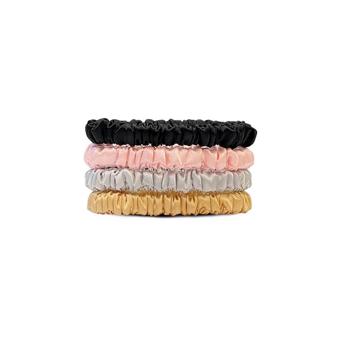 Suncdelv Silk Scrunchies for Hair, 22 Momme Anti-Crease & Breakage Silk Hair Ties for Women, 4PCS (Black, Pink, Grey, Gold)