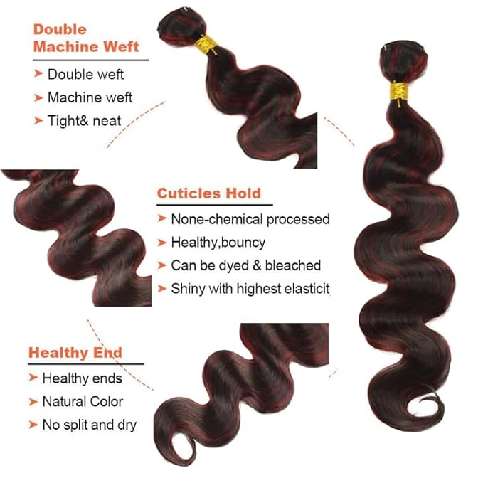 Highlight Human Hair Bundles Burgundy Body Wave Bundles 22 24 26 Inch Niegmeag Brazilian Virgin Soft and Skily Remy Hair Extensions 300g