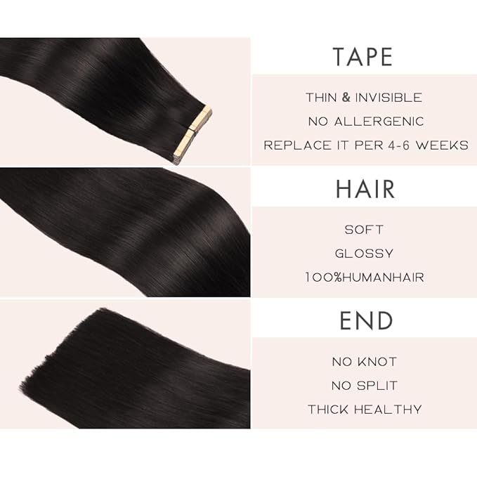 Human Hair Tape in Extensions Jet Black 20pcs Seamless Skin Weft Tape in Hair Extensions 24 Inch Straight Double Sided Remy Invisible Tape in Hair Extensions Human Hair (1#,24 Inch)