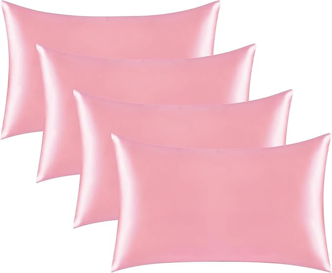 Satin Silk Pillowcase for Hair and Skin, Black Pillow Cases Standard Size Set of 4 Pack Super Soft Pillow Case with Zipper Closure (Pink, Standard(4 Pack))