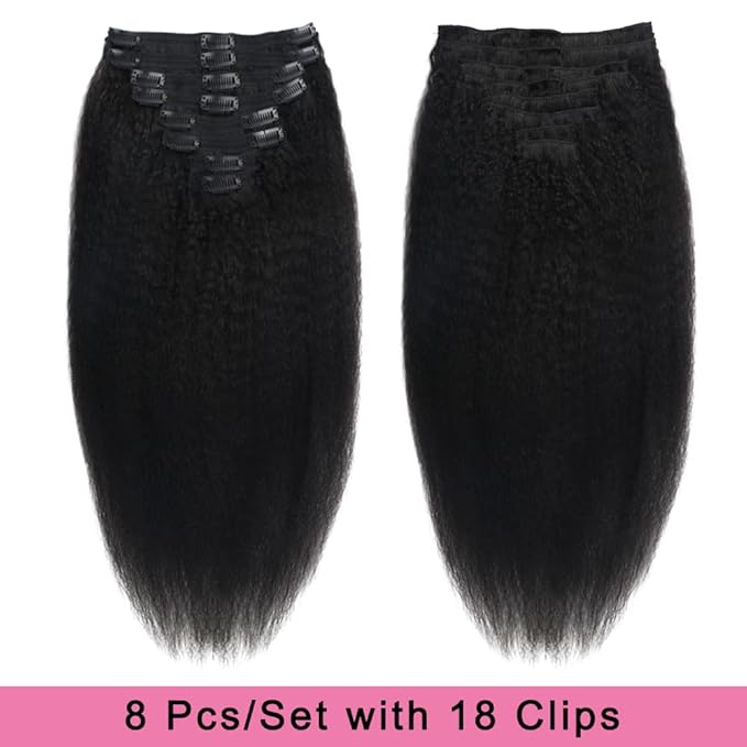 Kinky Straight Human Hair Clip in Extensions 120g Full Head Clip ins for Women 100% Unprocessed Brazilian Virgin Human Hair Yaki Straight Clip ins Remy Hair Natural Black 8Pcs 18Clips 18inch
