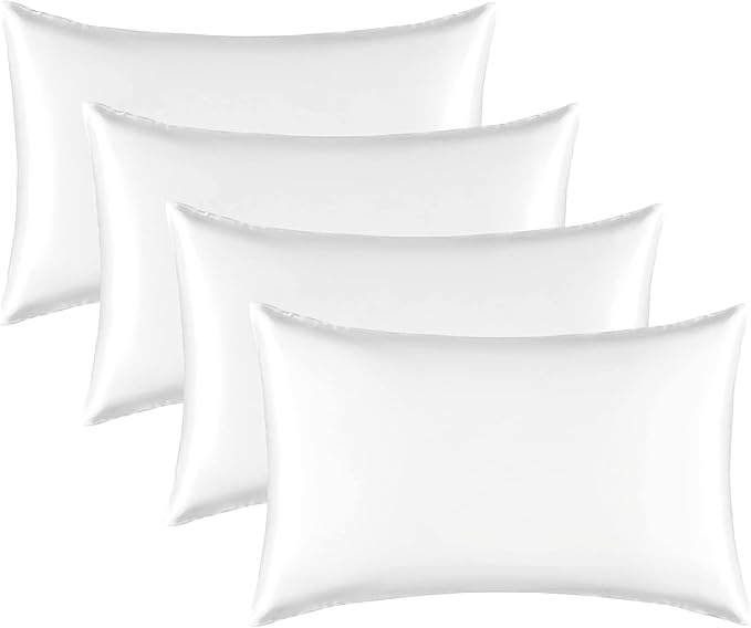 Satin Silk Pillowcase for Hair and Skin, Black Pillow Cases Standard Size Set of 4 Pack Super Soft Pillow Case with Zipper Closure (White, Queen(4 Pack))
