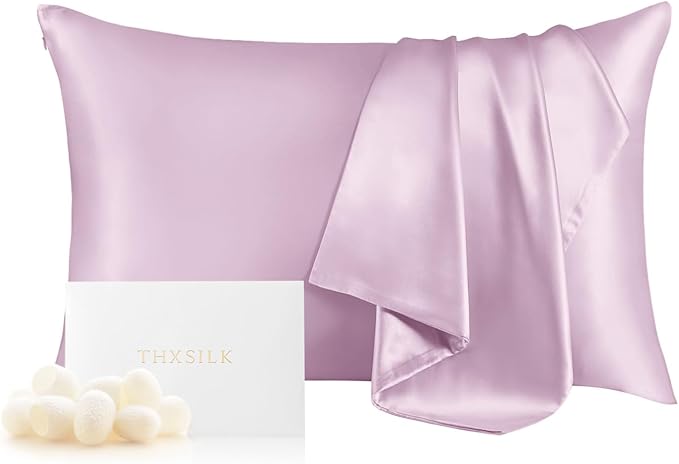 THXSILK 100% Mulberry Silk Pillowcase for Hair and Skin, Grade 6A+ Mulberry Silk Pillow Case Soft and Breathable, Hypoallergenic Pillow Case Cover with Zipper, 1pc (Queen 20"x30", Light Purple)