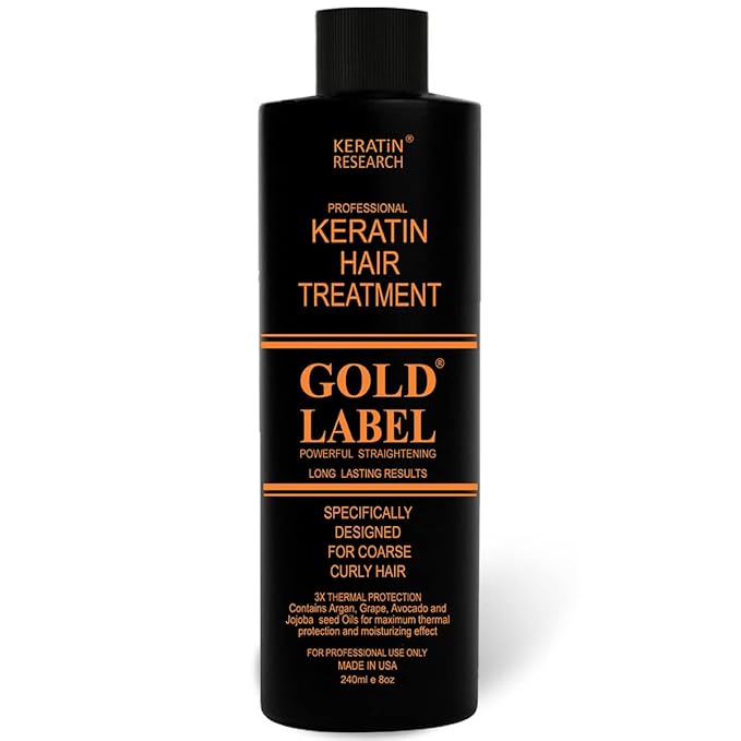 Gold Label Brazilian Keratin Hair Treatment Straightening works on All Hair Types Incl Coarse Thick Dry Frizzy Curly Bleached Dominican Brazilian Indian Strong formula Hair 240ml
