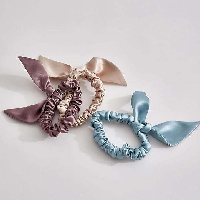 THXSILK Hair Silk Scrunchies with Bow for Women Pure Mulberry Silk Hair Cute Ring Ties Scrunchies for Girls Women's Thick Hair, Light Blue, 2.8"