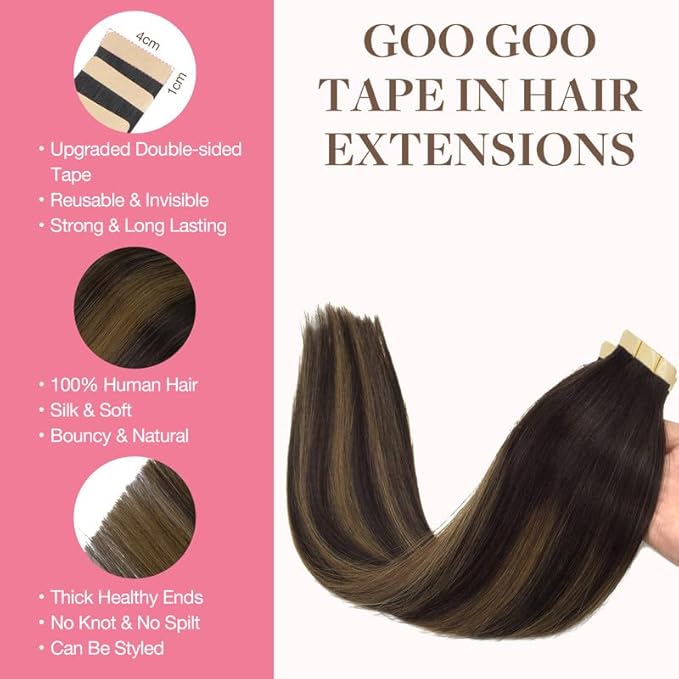 GOO GOO Tape in Hair Extensions Human Hair, 2/6/2 Balayage Dark Brown to Chestnut Brown, 22inch 100g 40pcs, Skin Weft Seamless Invisible, Silky Straight with Thick Ends, Remy Human Hair