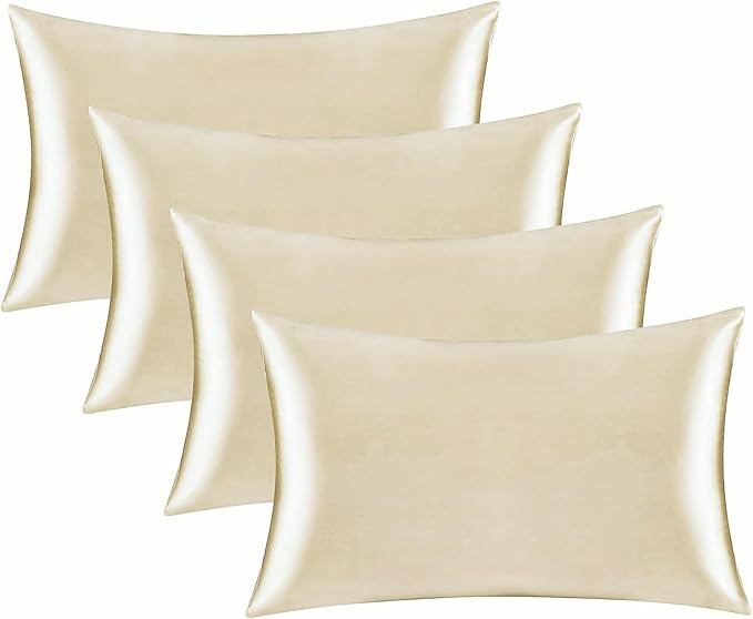 Satin Silk Pillowcase for Hair and Skin, Black Pillow Cases Standard Size Set of 4 Pack Super Soft Pillow Case with Zipper Closure (Beige, Queen(4 Pack))