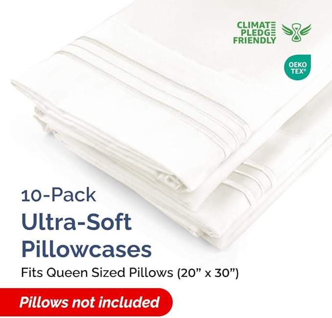 Queen Pillow Cases Set of 10 - Ultra Soft Hotel Quality Pillowcase Covers - Comfy & Wrinkle Free - Shrink, Stain and Fade Resistant - Machine Washable Pillow Protectors - 10 Piece Set - Antique White