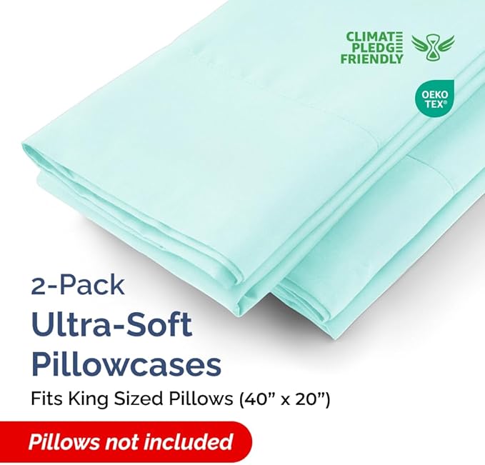 King Pillow Cases - 2 Pack - Super Soft Pillowcase Covers - Envelope Enclosure - Hotel Quality Pillow Protectors - Wrinkle Free, Shrink and Stain Resistant - Machine Washable - 20" x 40" (Spa Blue)