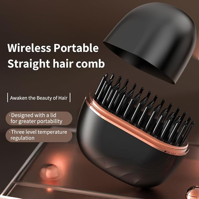 Mini Hair Straightener, Rechargeable Portable Cordless Hair Straightener Brush,Fast Heating with 3-Speed Temperature Control, Anti Scald Shell, Lightweight for Home Travel Gift (Black)