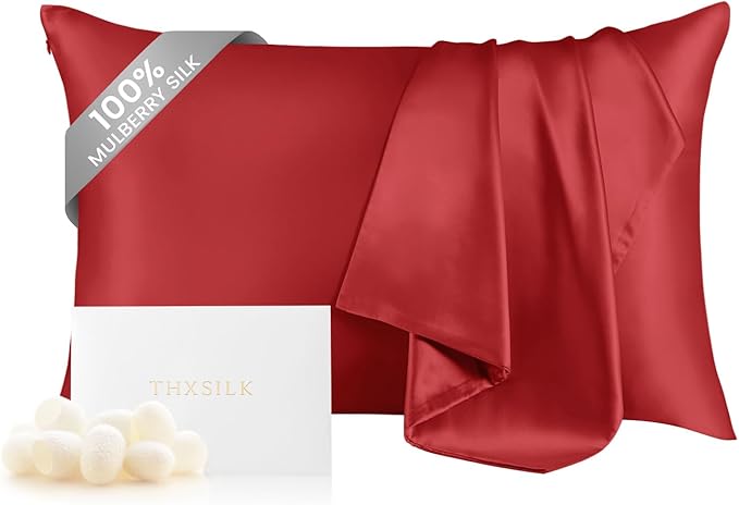 THXSILK 100% Silk Pillowcase for Hair and Skin, Both Sides Grade 6A+ Natural Mulberry Silk Pillow Case with Hidden Zipper, Soft and Smooth Red Pillowcase(1pc, Queen Size 20"x30")