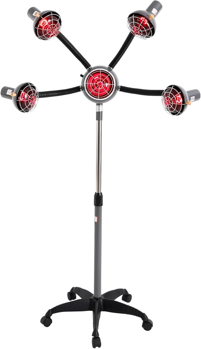 5 Head Infrared Light Heat Therapy Red Lamp, Salon Hair Steamer Perming Dyeing Adjustable Height Machine with Rolling Wheels, Infrared Dryer Hair Drying Care, Standing Infrared Heater (Black)