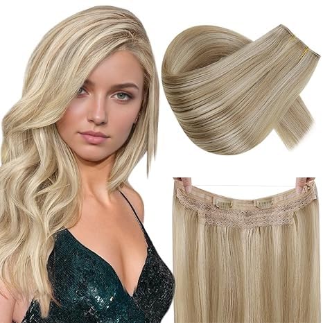 RUNATURE Invisible Wire Hair Extensions Real Human Hair with Transparent Wire, Fish Line Hair Extensions, Remy Soft Natural Hairpieces, Easy to Apply, 18 Inch 80g #16P22 Dark Ash Blonde Highlights