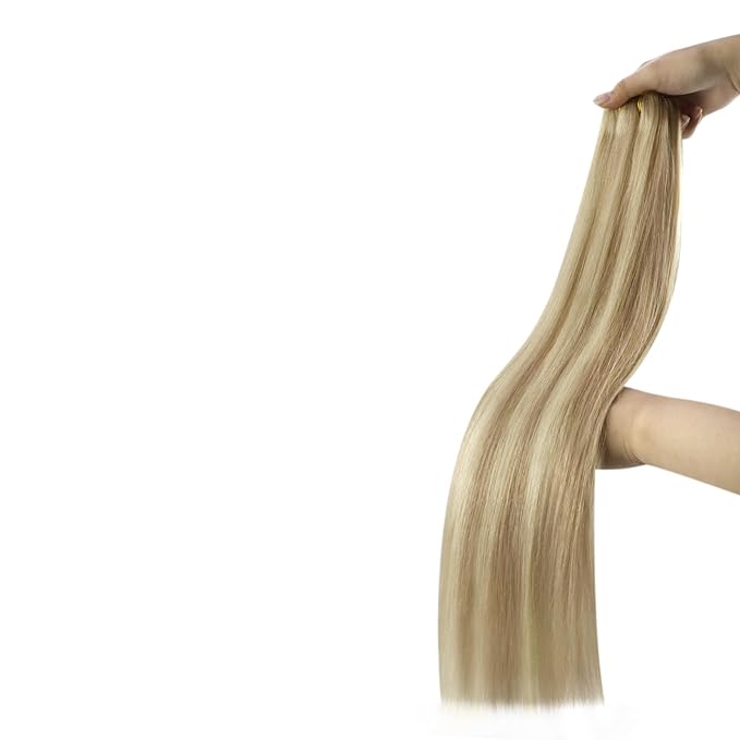 YoungSee 24Inch Weft Hair Extensions Human Hair Blonde Highlight Sew in Hair Extensions Golden Blonde Highlighted Dark Ash Blonde Smooth Double Weft Human Hair Extensions 100G