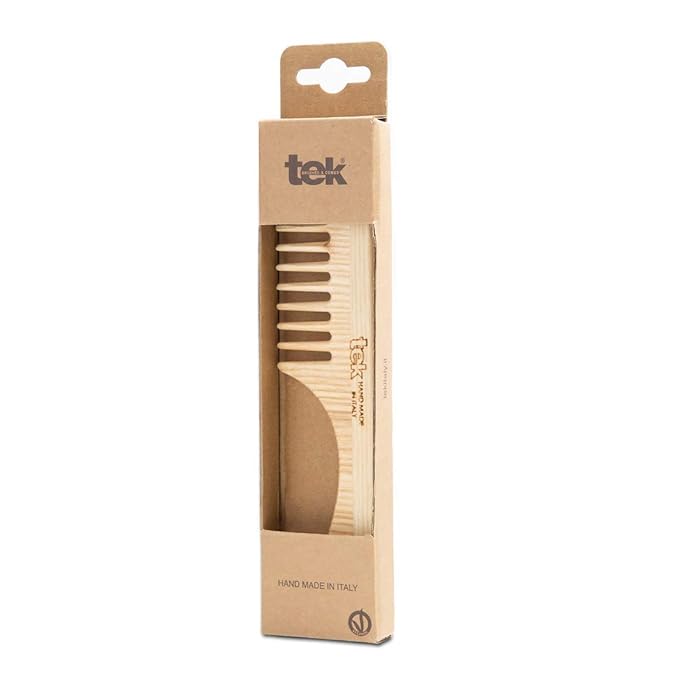 TEK – Allure Award-Winning Wide Tooth Wooden Comb with Natural Ash Wood Handle, Handmade in Italy – Ideal for Gently Detangling Normal, Curly, or Wavy Hair Without Breakage – 20 x 4.5 cm