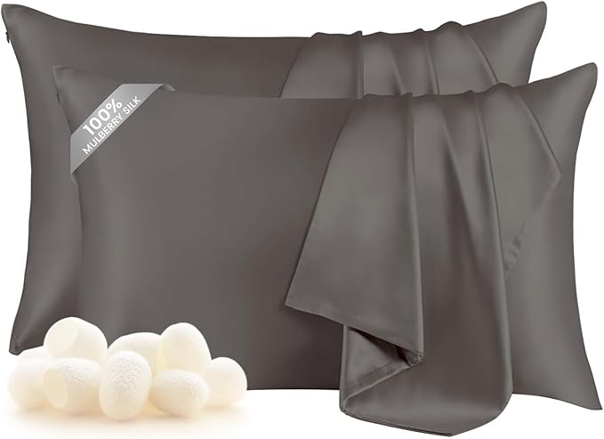 THXSILK Set of 2 Mulberry Silk Pillowcases, 100% Pure Mulberry Silk, 19 Momme 6A+ Grade, Silk Pillowcase for Hair and Skin, King Size Pillow Case with Hidden Zipper, Dark Grey