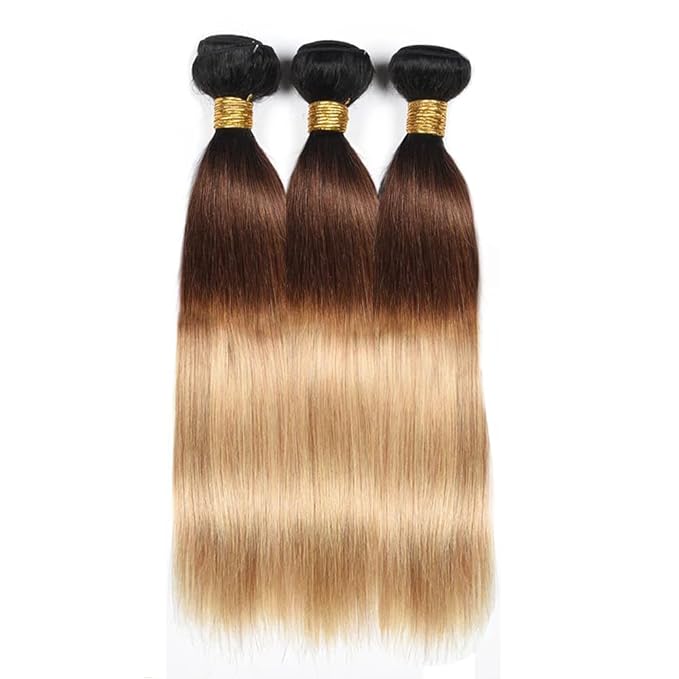 Ombre Bundles Human Hair Brown Straight Bundle Brazilian Virgin Remy Hair 3 Bundles 20 22 24 Inch Niegmeag Double Weft 3 Tone Brown and Honey Blonde Straight Bundle Hair Weave 300g