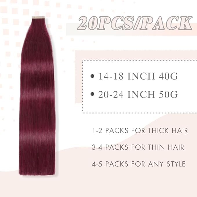 Human Hair Tape in Extensions, Burgundy Extensions Real Human Hair 20 Inch 20pcs Remy Straight Tape ins Invisible Tape in Hair Extensions Human Hair (99J#,20 Inch)