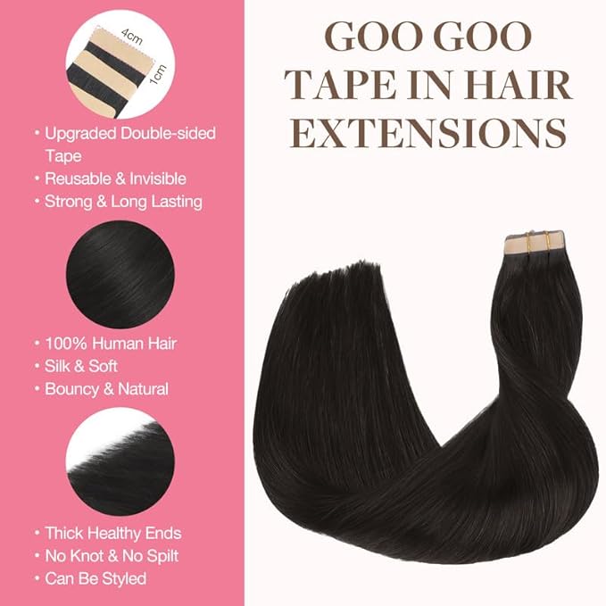 GOO GOO Tape in Hair Extensions Human Hair, 1B Natural black, 24inch 30g 10pcs, Skin Weft Seamless Invisible, Silky Straight with Thick Ends, Remy Human Hair