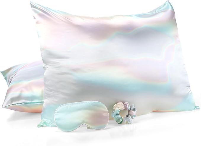 2 Pack Satin Pillowcase with Hidden Zipper, Adjustable Satin Eye Mask for Sleeping and Satin Volume Scrunchie for Hair and Skin, Standard Size(Aurora,Classic Style)