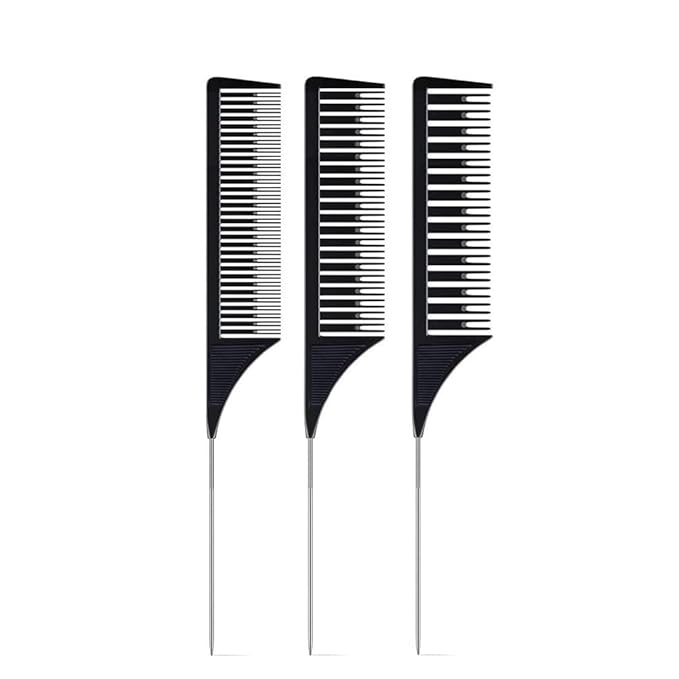 SKYPIA 3 Piece Professional Dyeing Hair Comb Set - Highlight Combs with Long Stainless Steel Rat Tail for Weaving and Styling (Black)