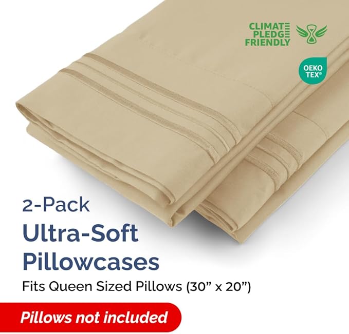 Queen Pillow Cases Set of 2 - Ultra Soft Hotel Quality Pillowcase Covers - Comfy, Cozy & Wrinkle Free - Shrinkage, Stain and Fade Resistant - Machine Washable Pillow Protectors - 2 Piece Set - Beige