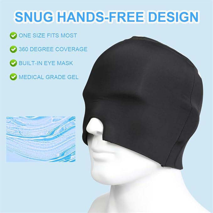 Migraine Relief Cap Ice Head Wrap Migraines Double Layer Gel Ice Hot Head Wrap 360° Extended Cooling Hangover Ice Hat for Migraine Sinus Stress Frontal Headaches