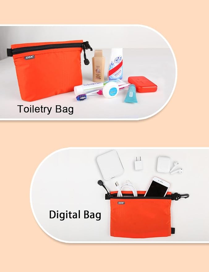 GOX Travel Toiletry Bag Carry On Zipper Pouch Cosmetic Kit Makeup Digital Bag Water Repellent Nylon (Orange)