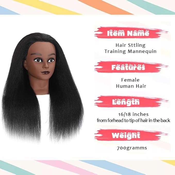 18 Inch 100% Real Hair Mannequin Head Training Head Manikin Cosmetology Doll Head for Hairdresser Practice Braiding Hair Styling with Clamp stand (18 -Inch)