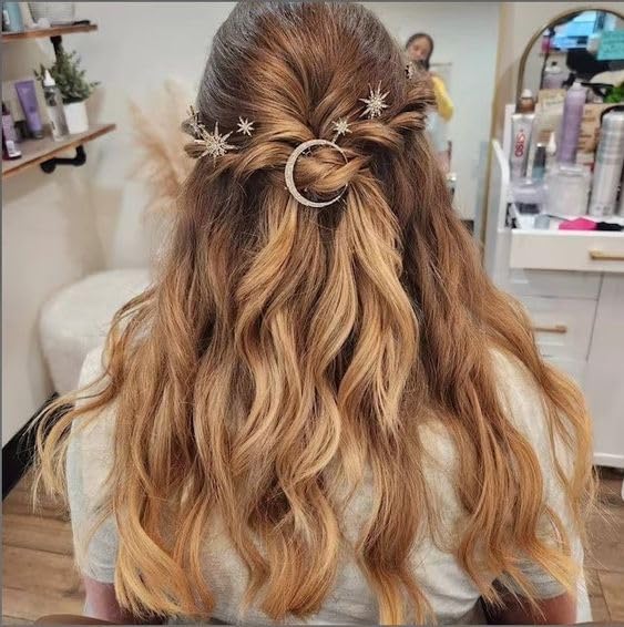 BARTOSI Moon Star Hair Clips Gold Stars Hair pins Crystal Celestial Hair Accessories for Women and Girls (Pack of 3)
