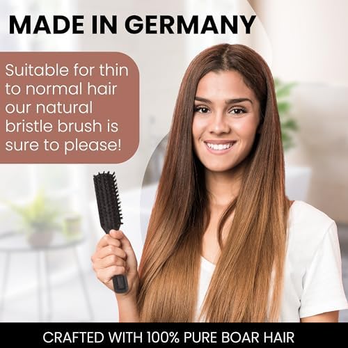 SHASH 100% First Cut Boar Bristle Hair Brush, Suitable For Thin To Normal Hair - Naturally Conditions Hair, Improves Texture, Exfoliates, Stimulates, Made in Germany (Black, Small)