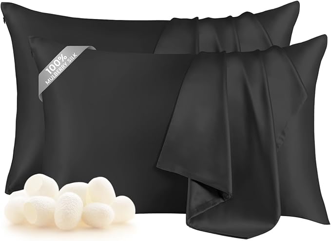 THXSILK Set of 2 Mulberry Silk Pillowcase for Hair and Skin, 100% Mulberry Silk, 19 Momme Both Sides Silk Bed Pillow Cover with Hidden Zipper, Hypoallergenic Silk Pillowcase (King Size 20"x36", Black)