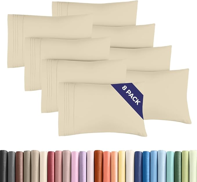 Queen Pillow Cases Set of 8 - Ultra Soft Hotel Quality Pillowcase Covers - Comfy & Wrinkle Free - Shrink, Stain and Fade Resistant - Easy-Care, Machine Washable Pillow Protectors - 8 Pcs Set - Wheat