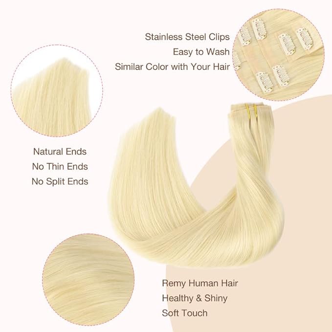 GOO GOO Clip in Hair Extensions Real Human Hair, Remy Human Hair Extensions Clip ins for Women, Natural Human Hair, 16inch 110g 7Pcs, 613R Bleach Blonde