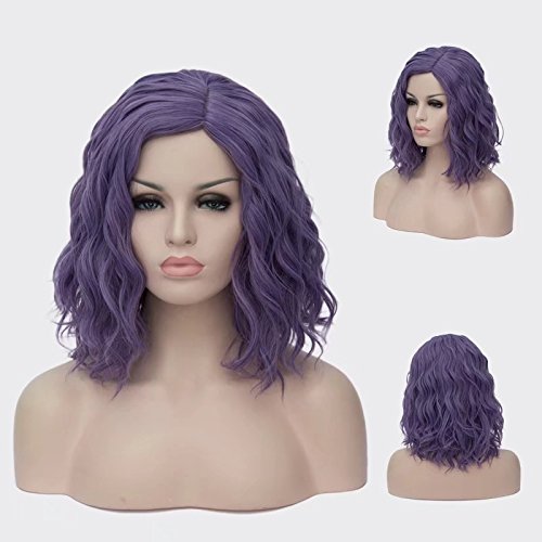 BUFASHION 14" Women Short Dark Purple Kinky Straight Cosplay Synthetic Wigs With Air Bangs 46 Colors Available (Dark Purple)