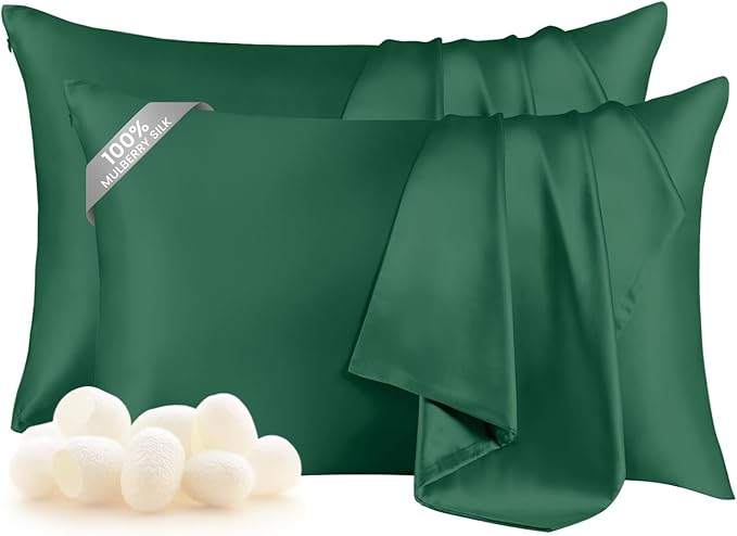 THXSILK Set of 2 100% Pure Mulberry Silk Pillowcase for Hair and Skin, 6A+ Grade Mulberry Silk Pillow Case Queen Size 20"x30", Real Silk Pillowcase with Zipper (Emerald Green)