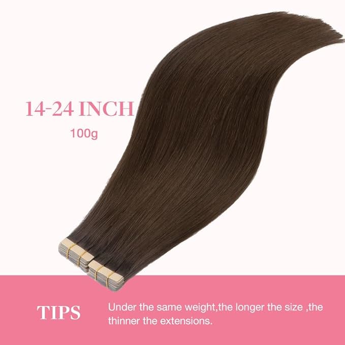 GOO GOO Tape in Hair Extensions Human Hair, 4A Chocolate Brown, 16inch 100g 40pcs, Skin Weft Seamless Invisible, Silky Straight with Thick Ends, Remy Human Hair