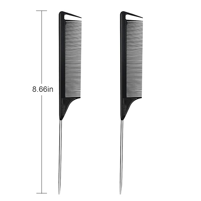 Metal Carbon Fiber Parting Rat Tail Comb for Women Men Kids Braiding Styling Hair (Black 6Pcs)