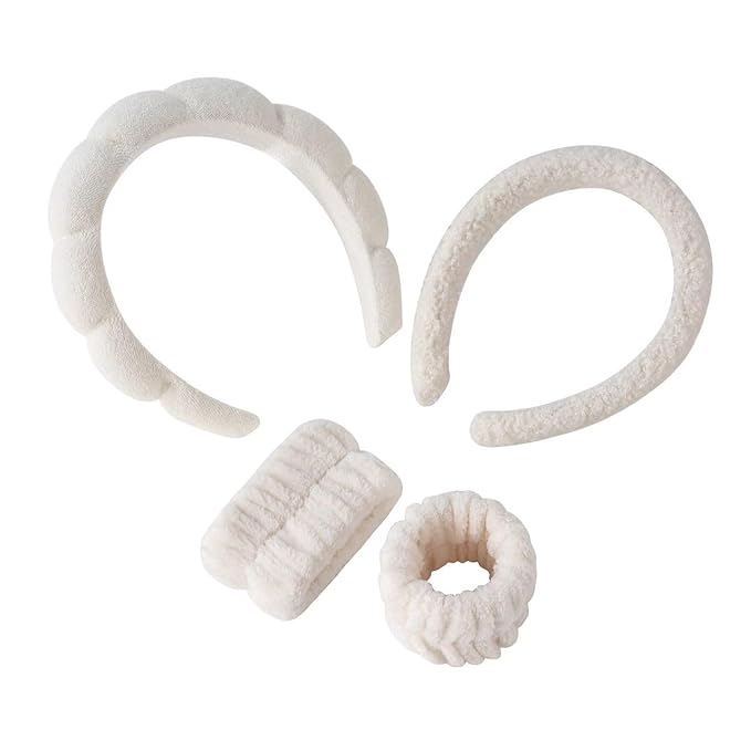 2Pcs Spa Headband for Washing Face & 1 Pairs Wristband Set Sponge Makeup Skincare Headband &Terry Cloth Bubble Soft Hairband for Women Girl Puffy Padded Headwear Non Slip Thick Hair Accessory (Beige)