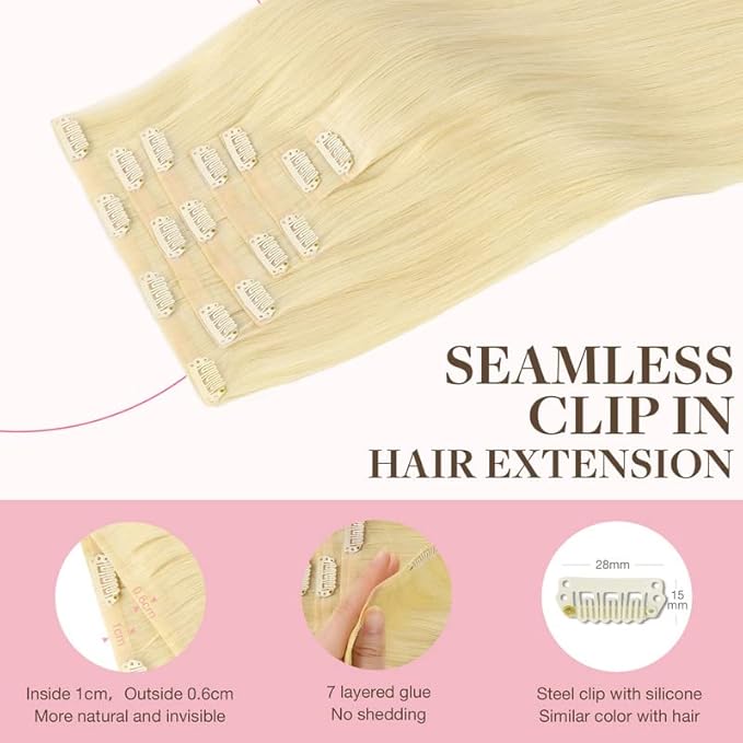 GOO GOO Clip in Hair Extensions Real Human Hair, Remy Human Hair Extensions Clip ins for Women, Natural Human Hair, 16inch 110g 7Pcs, 613R Bleach Blonde