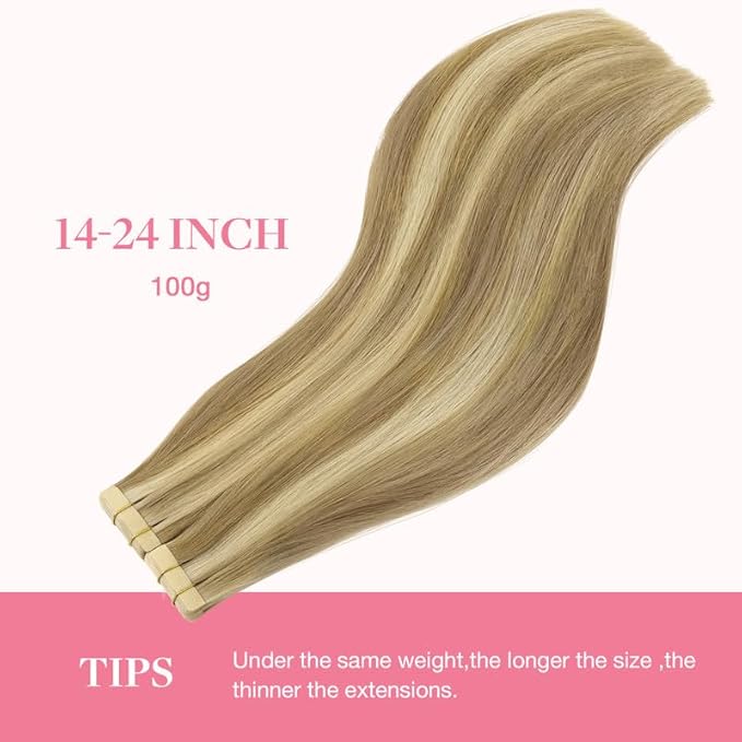 GOO GOO Tape in Hair Extensions Human Hair, 16/22 Light Blonde Highlighted Golden Blonde, 18inch 100g 40pcs, Skin Weft Seamless Invisible, Silky Straight with Thick Ends, Remy Human Hair
